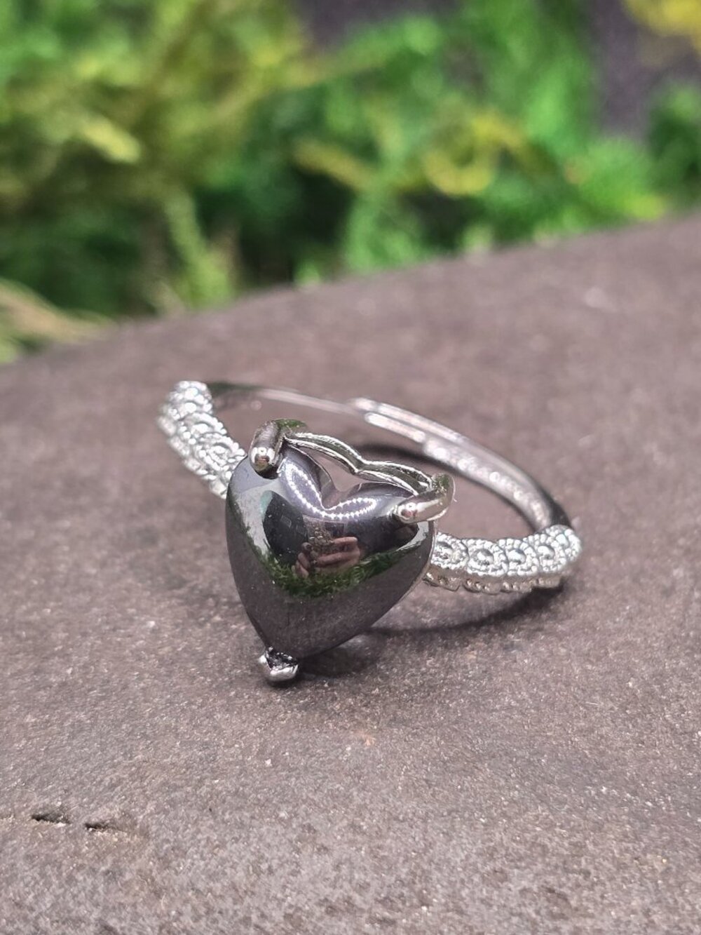 Hematite Heart Adjustable Ring Size 6-10 Silver Tone Statement Jewelry